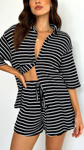 Lacole Button Up Shirt and Shorts Set - Black / White Stripe