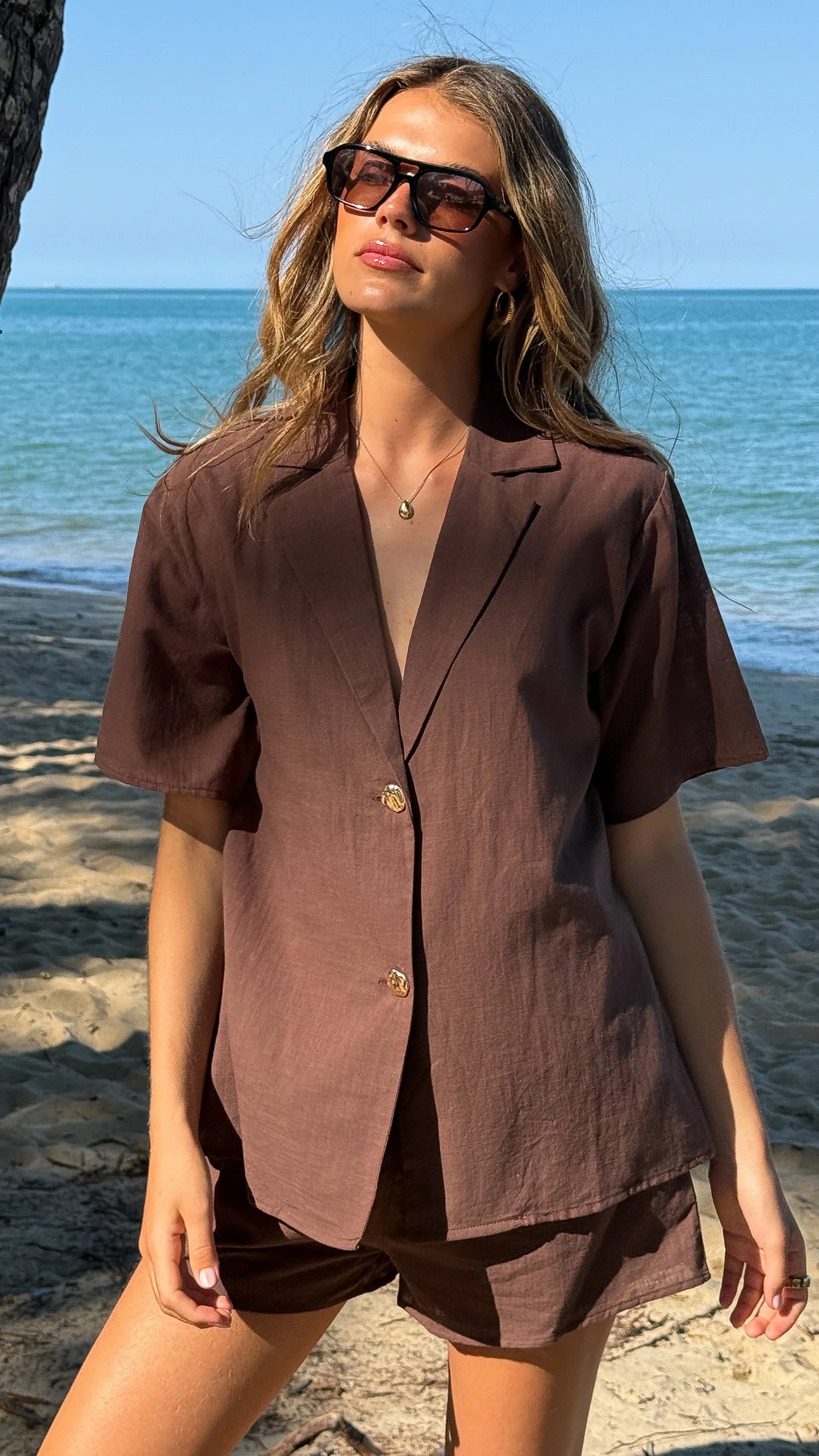 Nadine Shirt and Shorts Set - Brown
