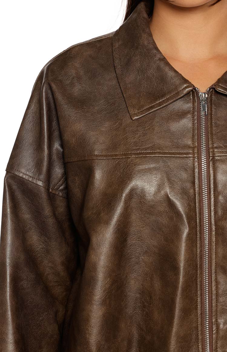 River Vintage Brown PU Bubble Hem Bomber Jacket
