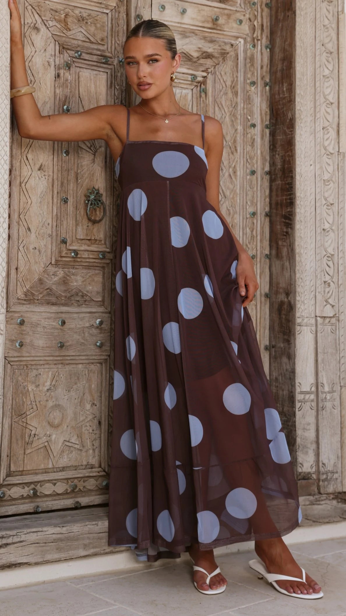 Melinda Mesh Maxi Dress - Brown / Blue Polka Dot